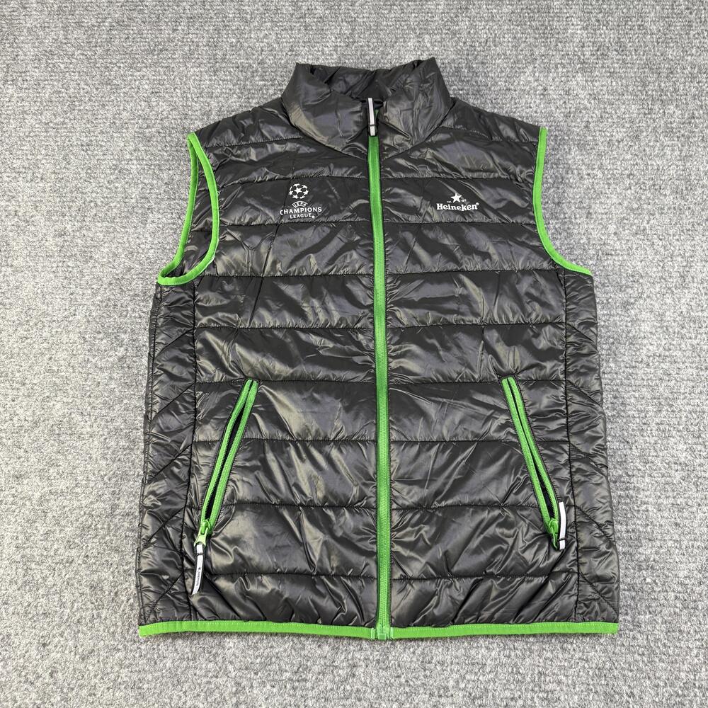 UEFA Champions League Vest Mens Large Black Green Soccer Heineken Puffer Jacket